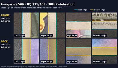 Centering close-ups — every border of this copy zoomed in, with the measured card edge and border edge