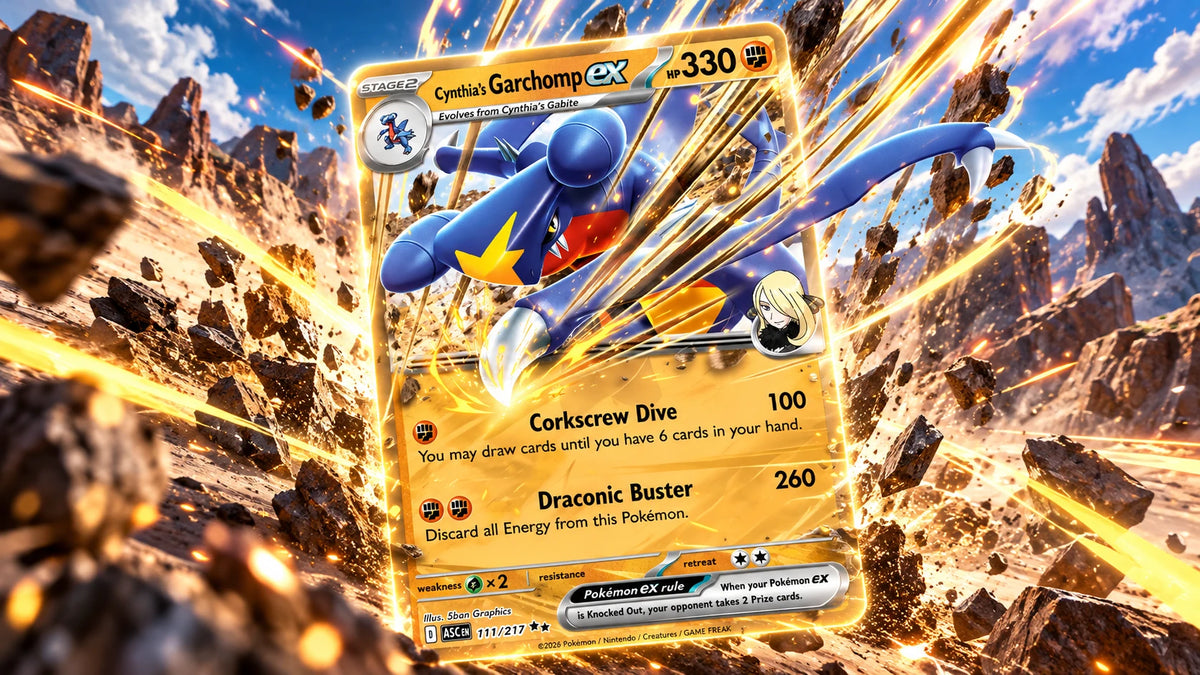 Cynthia's Garchomp ex card bursting through rocky canyon debris