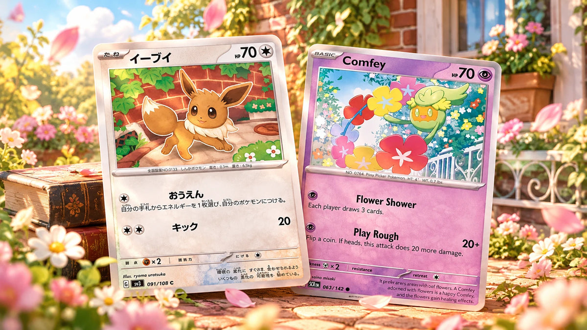 Eevee Japanese card and Comfey card side by side in a sunny flower garden