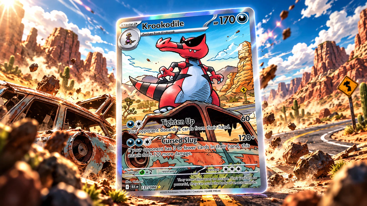Krookodile illustration rare card on a desert highway