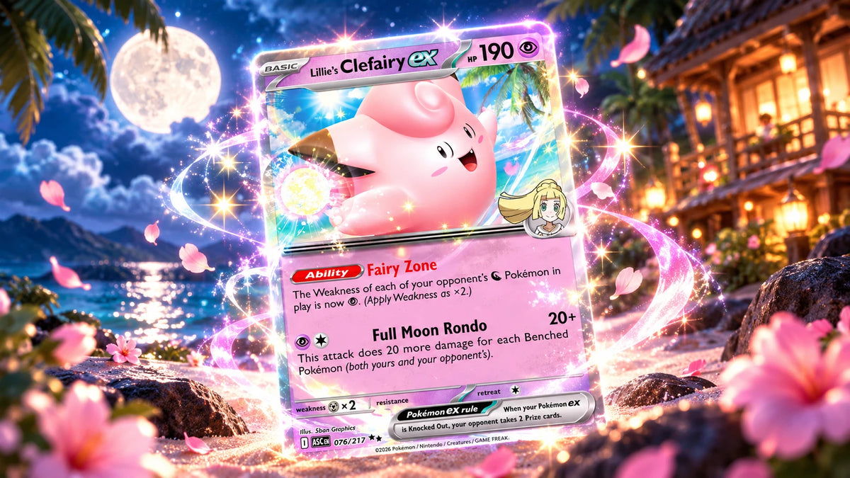 Lillie's Clefairy ex card on a moonlit tropical beach