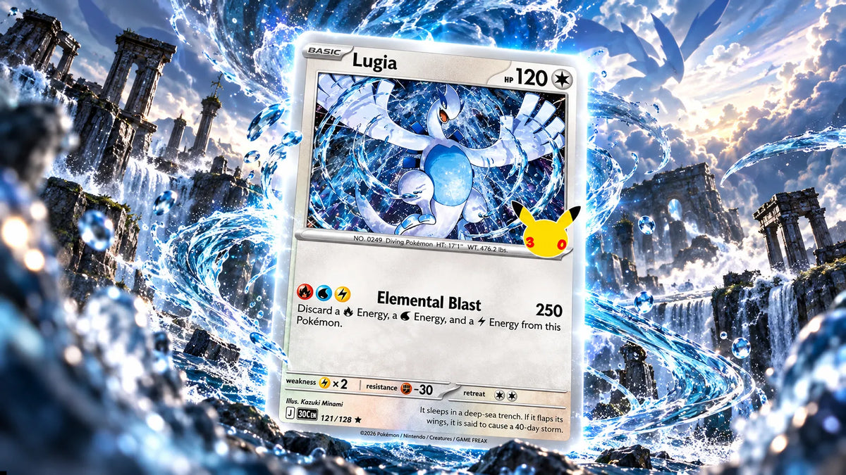 Lugia 30th Celebration card in a swirl of water among ancient ruins