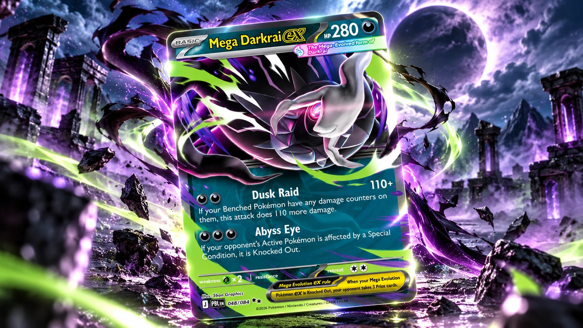 Mega Darkrai ex card in moonlit purple ruins