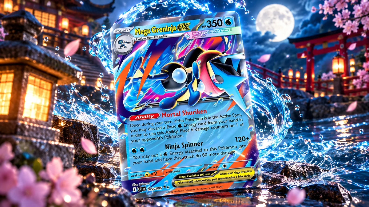 Mega Greninja ex card in a splash of water by a moonlit shrine