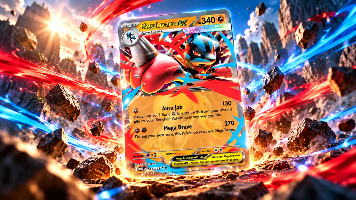 Mega Lucario ex card bursting out of a rocky battlefield