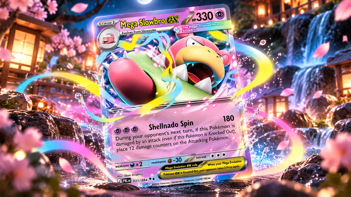 Mega Slowbro ex card by a waterfall with cherry blossoms