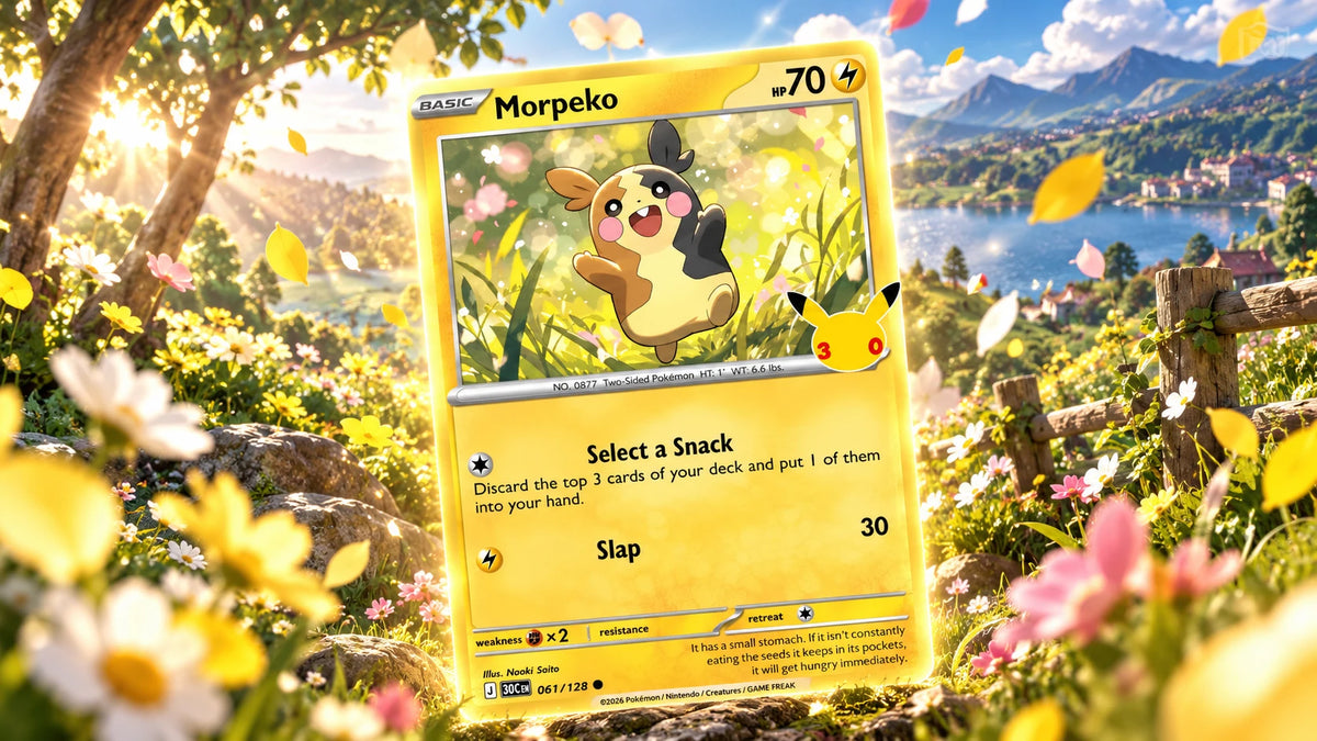 Morpeko 30th Celebration card in a sunny flower meadow