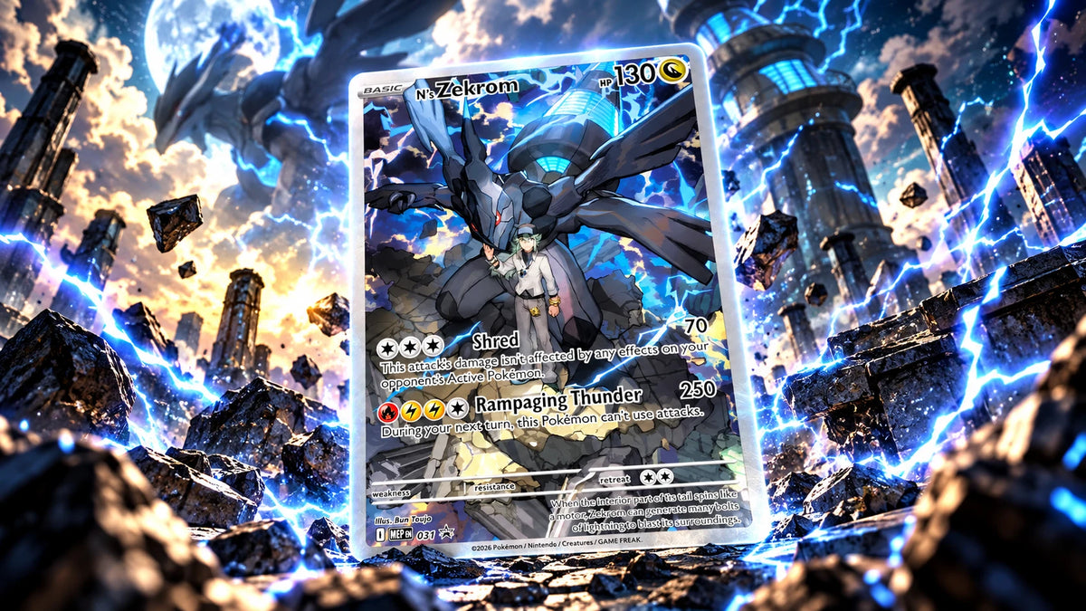 N's Zekrom ETB promo card amid lightning and ancient ruins