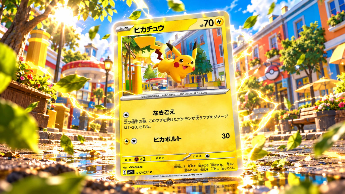 Pikachu card in a sunny, colourful town square