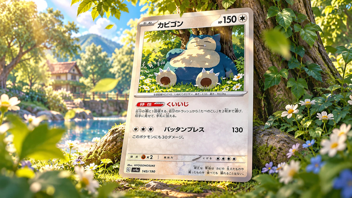 Snorlax Japanese card leaning on a tree in a sunny flower meadow