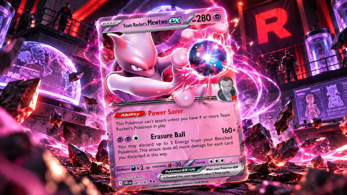 Team Rocket's Mewtwo ex card in a Team Rocket lab