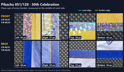 Centering close-ups — every border of this copy zoomed in, with the measured card edge and border edge