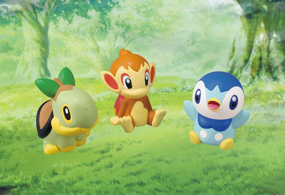 Official Bandai photo — Piplup with Turtwig and Chimchar (Sinnoh starters)