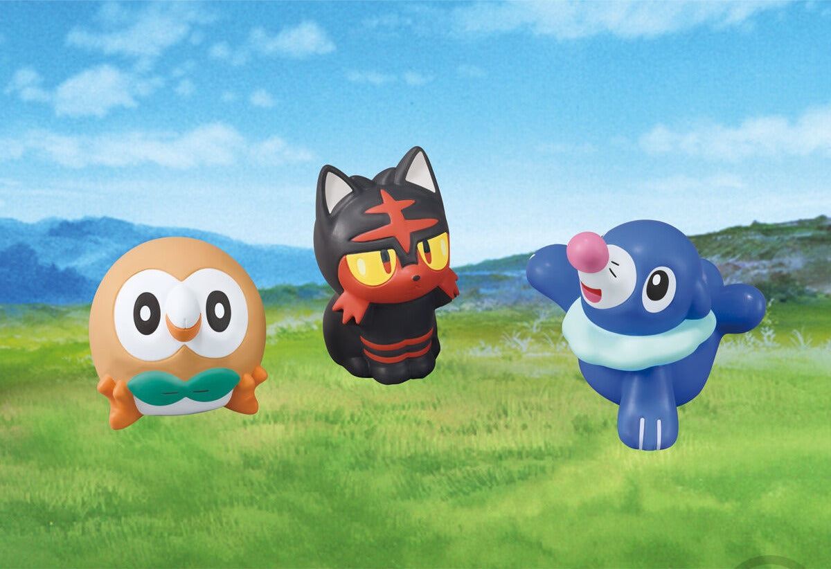 Official Bandai photo — Rowlet with Litten and Popplio (Alola starters)
