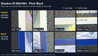 Centering close-ups — every border of this copy zoomed in, with the measured card edge and border edge